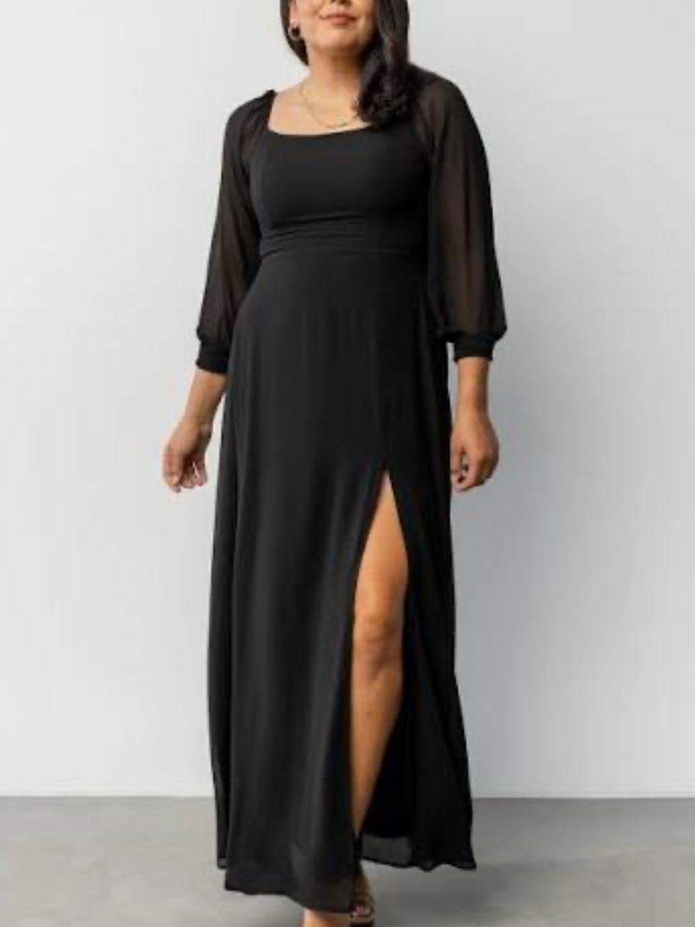 Baltic Born Black Square-Neck Maxi Dress with Sheer Puff Sleeves and High Slit